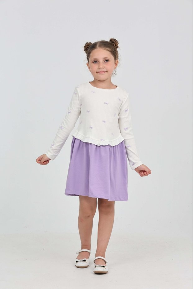 Girl's Printed Relax Fit Crew Neck Long Sleeve Dress - Color Block
