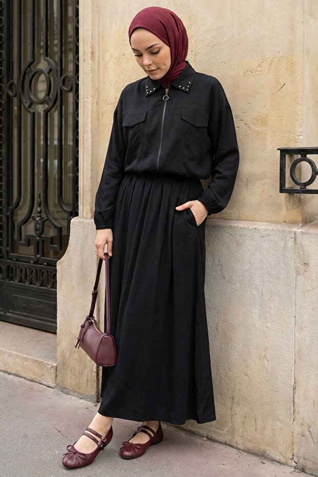 Black Modal Suit with Stone Collar and Zipper