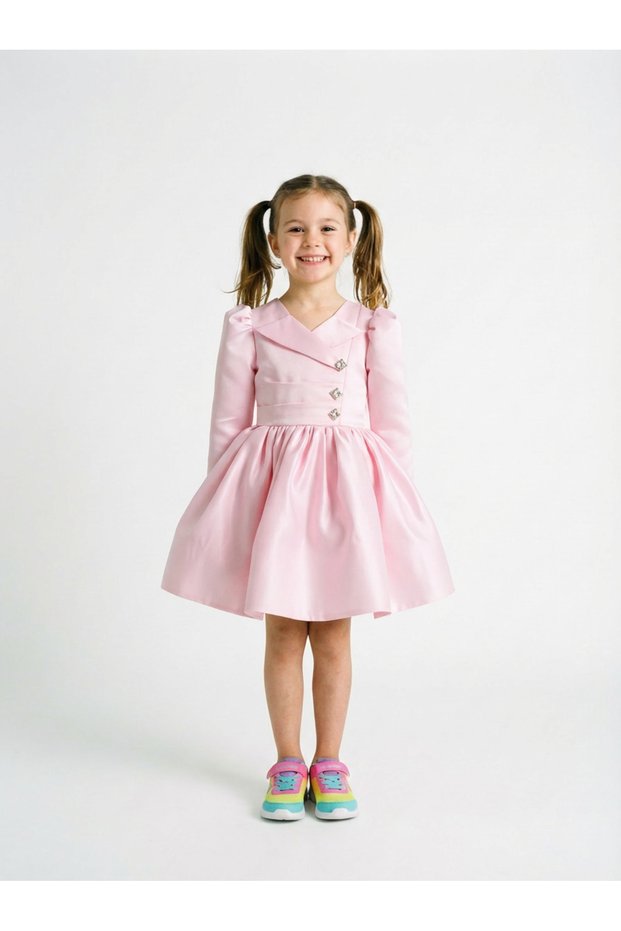 Girl's Powder Color Long Sleeve Flared Dress with Cross Collar and Stone Button Detail, Stylish Model