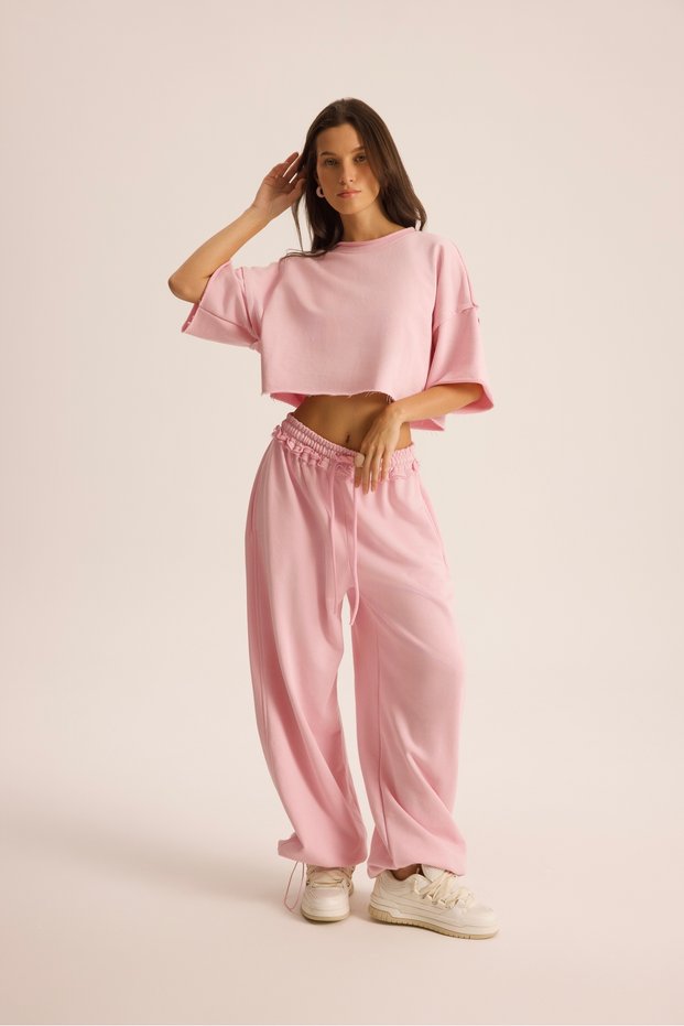 Block With Pique Detail Pink Cropped Tracksuit Set