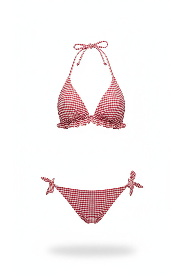 Ruffled Triangle Bikini Set - Gingham - 3