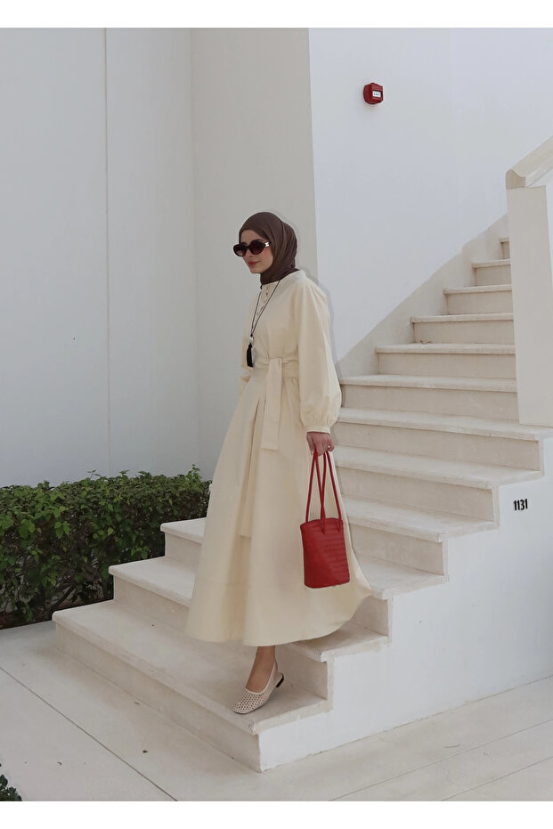 2349 DÜĞMELİ ELBİSE Vanilya - 4