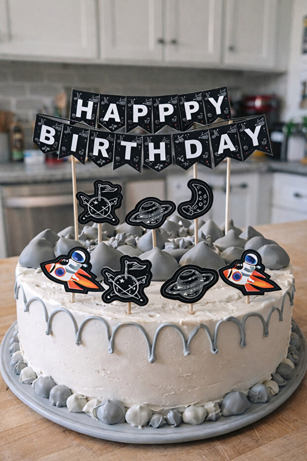 Space Themed Cake and Cupcake Decoration Set – Happy Birthday Space Concept Cake Topper Decoration