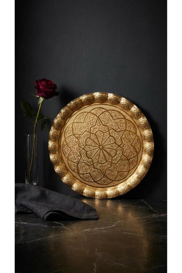 Round Patterned Gold Serving Tray 35 cm - 4