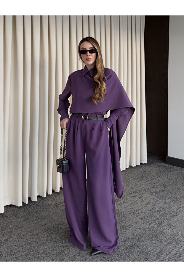 Purple Belted Shawl Collar Shirt and Pants Set - 8004