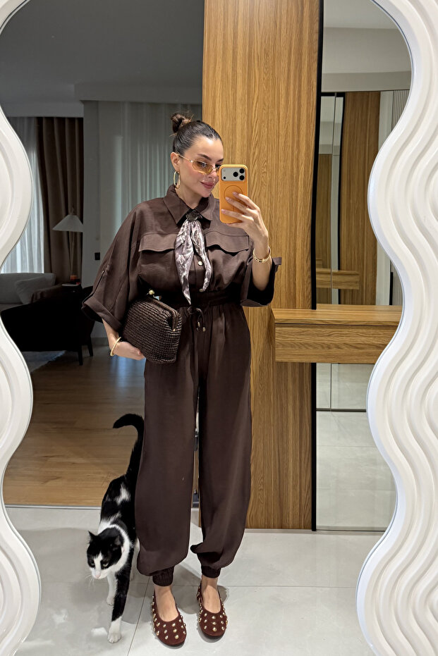 Bielle Kahve Atlı Lastikli Pantolon - 3