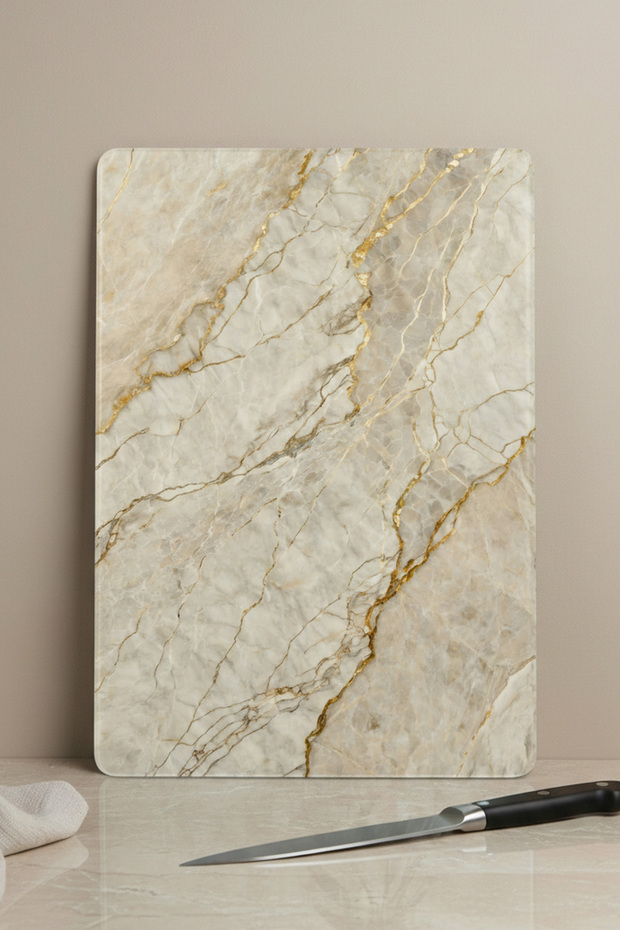Tempered Glass Cutting Board 25X35 cm - White Marble with Gold Veins Kitchen Presentation Board