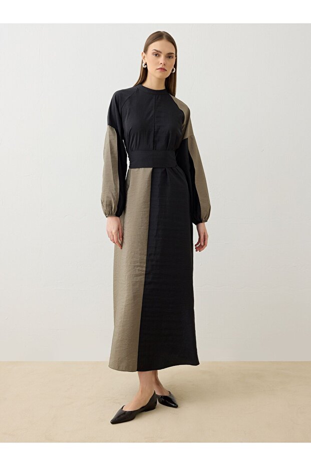 Contrast Color Detailed Hijab Dress - Khaki Black -