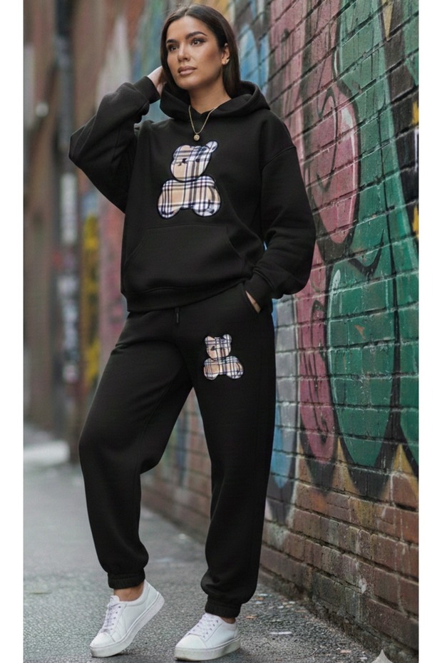 Women's Printed Hooded Top and Bottom Oversize Black/Grey Tracksuit Set