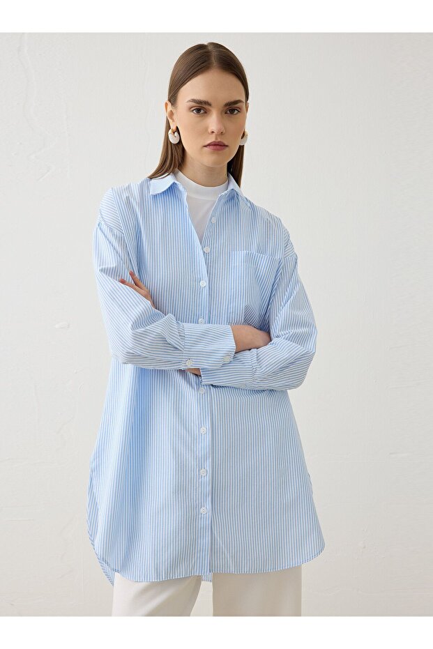 Geniş Manşet Detaylı Basic Tunik - Mavi Çizgili - - 3