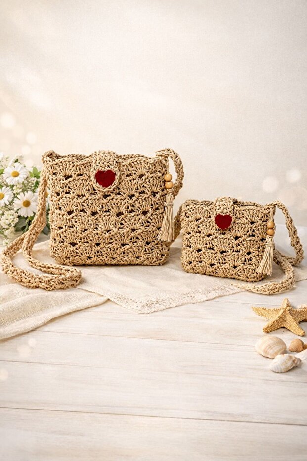 Mother Daughter Combination Bag Set Hand Knitted Straw Shoulder Bag