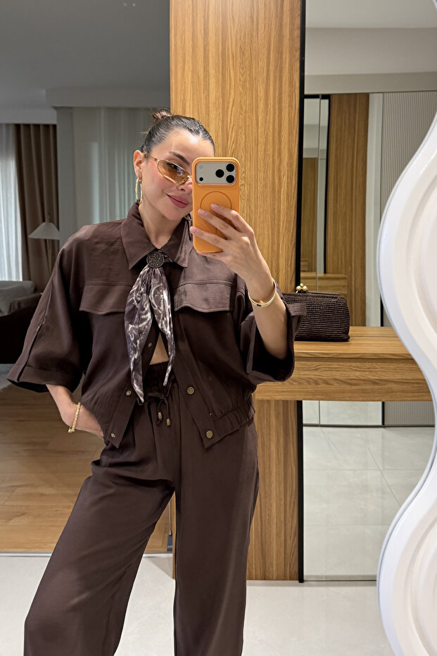 Bielle Kahve Atlı Lastikli Pantolon - 2