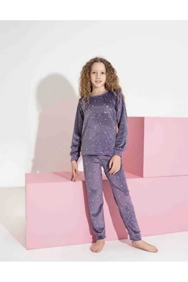 Tarik Girl's French Velvet Long Sleeve Crew Neck Star Pattern Pajama Set