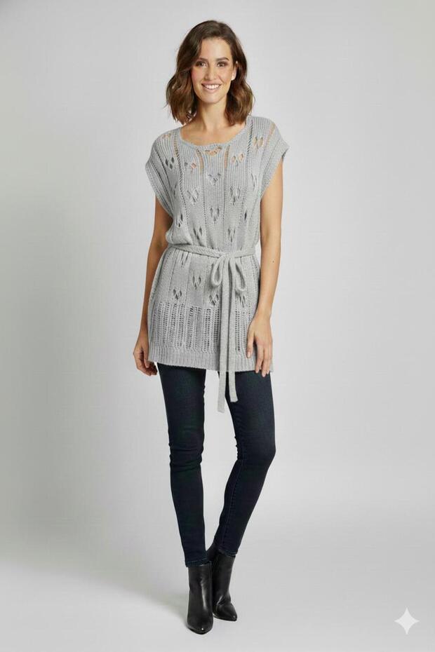 Belted Openwork Knitwear Blouse / Fits Sizes 36 & 46