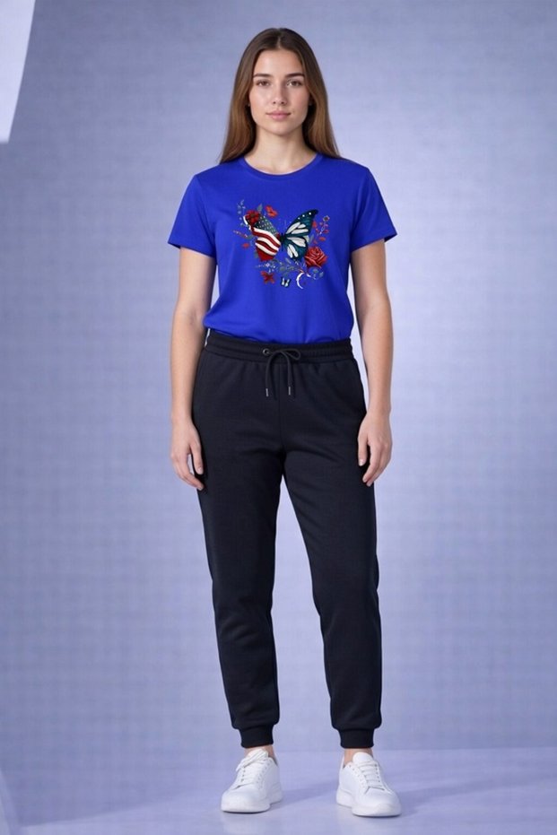 Butterfly Rose Printed Women'S/Girls' T-Shirt Tracksuit Set – Jogger Casual Set
