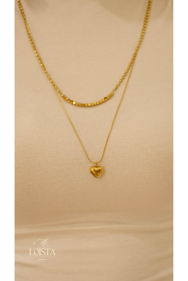 Heart Figured Gold Steel Double Necklace Set