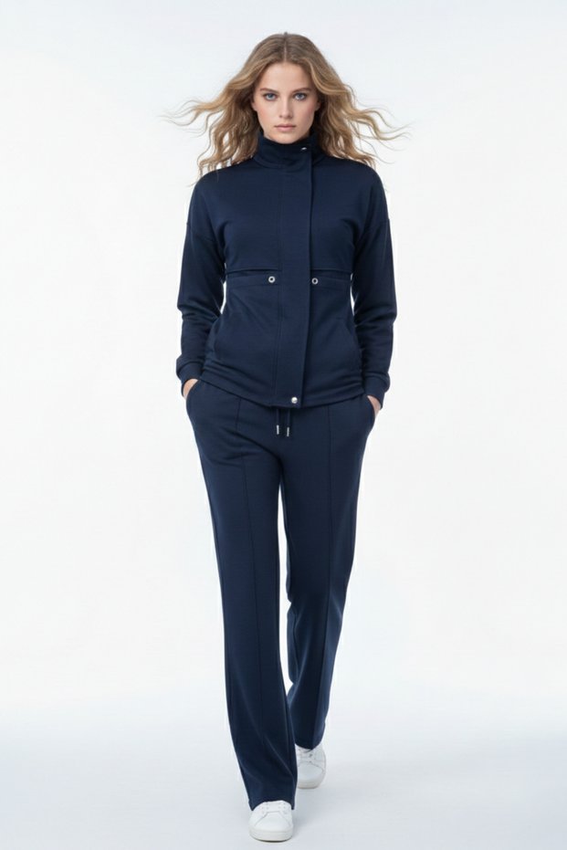 Women's Modal Fabric Tracksuit with Snap Fasteners and Zipper Pocket Detail