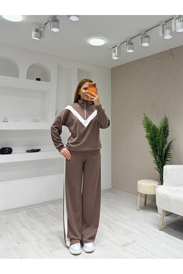 Textured Modal V-Neck Garnished Zipper Suit