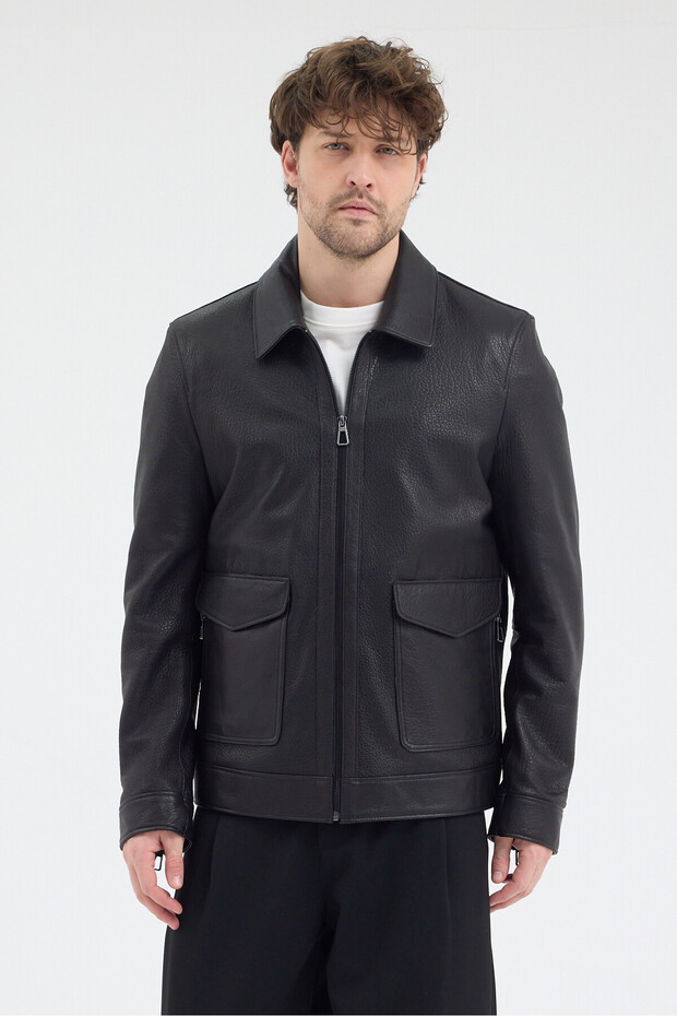 Men's Genuine Jumbo Leather Jacket Black Color Shirt Collar