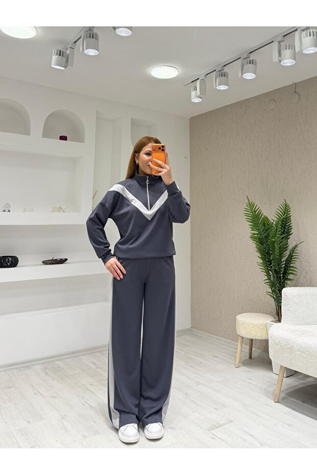 Textured Modal V-Neck Garnished Zipper Suit
