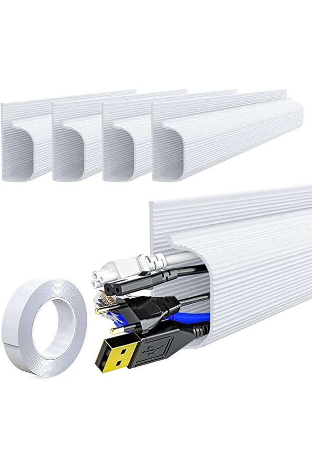 4 PCS Self Adhesive Under Desk Cable Management Raceway, J Channel PVC Cable Hider Cord Tray, L15.7