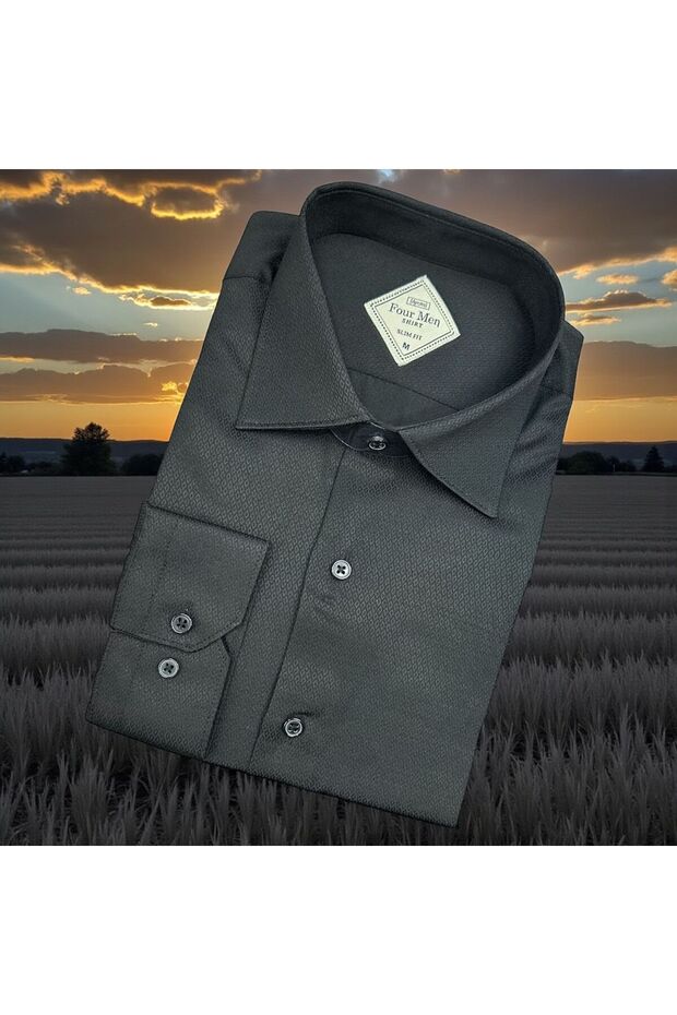 Slim Fit Dobby Long Sleeve Black Long Sleeve Men's Shirt
