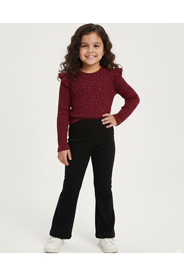 Girl's Corded Fabric Stoned Transitional Stylish 2-Piece Set L 4-12 Years Old Stoned Flared L Tights and Blouse