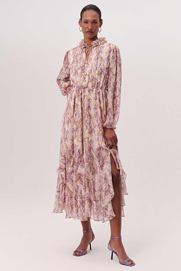 Long Sleeve Tie-Waist Skirted Regular Midi Dress
