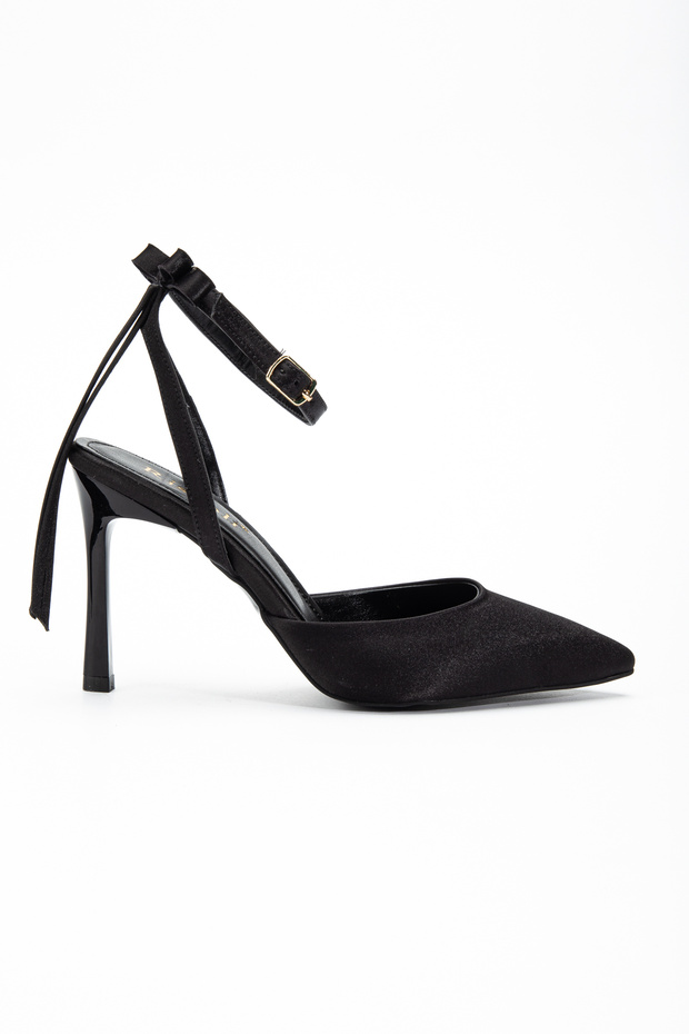 Women's Black Satin Ankle Strap Heeled Shoes with Back Bow Detail