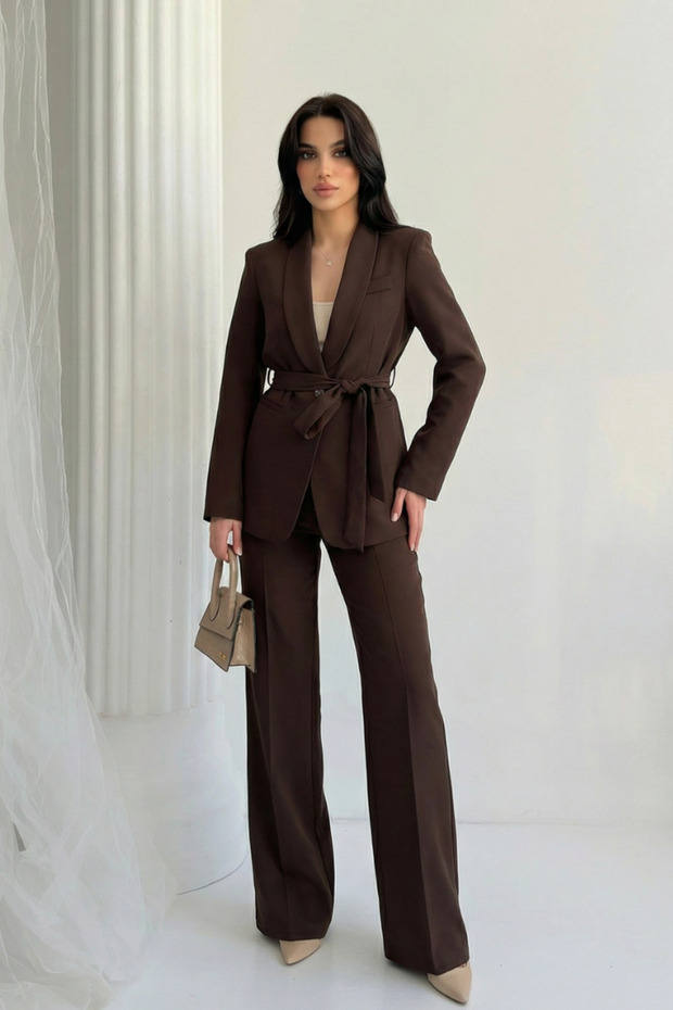 Women's Jacket Pants Set Belted Buttoned Blazer Jacket Wide Leg High Waist Pants Suit