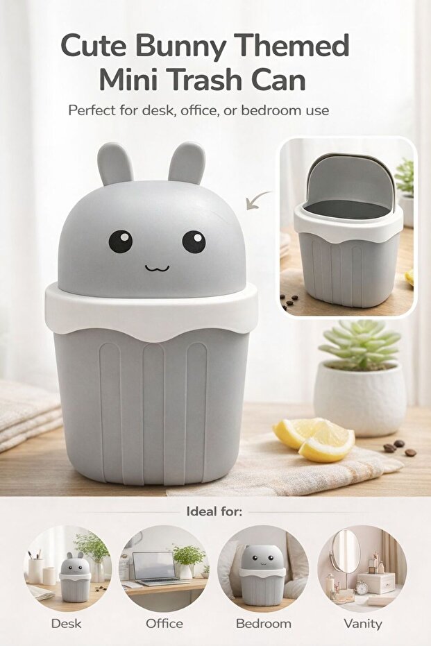 Cute Bunny Themed Mini Trash Can With Flip Lid|For Office Desk, Study Table and Bedroom 1.5L