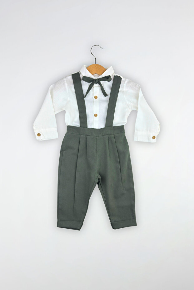 2-Piece Long Sleeve Men's Suit with Ribbon Bow Tie and Salopet