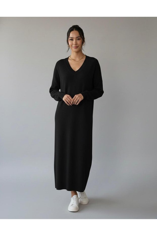 Women's V-Neck Oversize Long Sleeve Knitwear Dress, Loose Fit, Suitable for Size 36/46