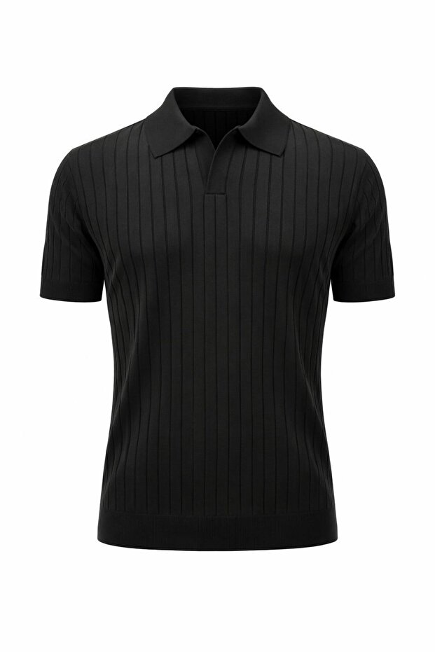Men's Polo Neck Slim Fit Knit T-Shirt Vertical Striped Modern Summer Knit