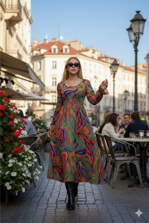 New Season Women's Long Sleeve Patterned Maxi Single Jersey Holiday Dress
