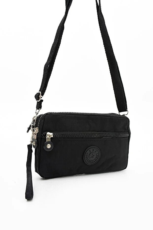 Women's Black Crossbody Three-Compartment Wallet with Phone Holder Daily Hand & Shoulder Bag