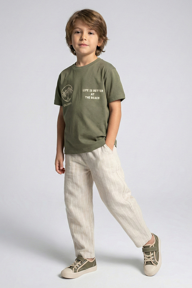 Boy's Comfortable Fit Palm Patterned Striped Pants Set - 1