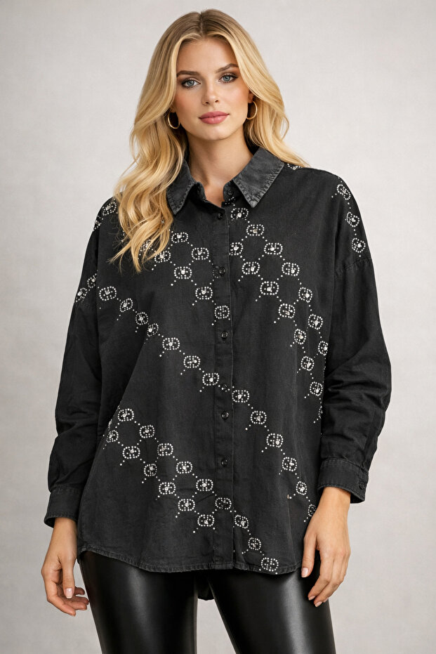 Women's Black Stoned Linen Oversize Shirt