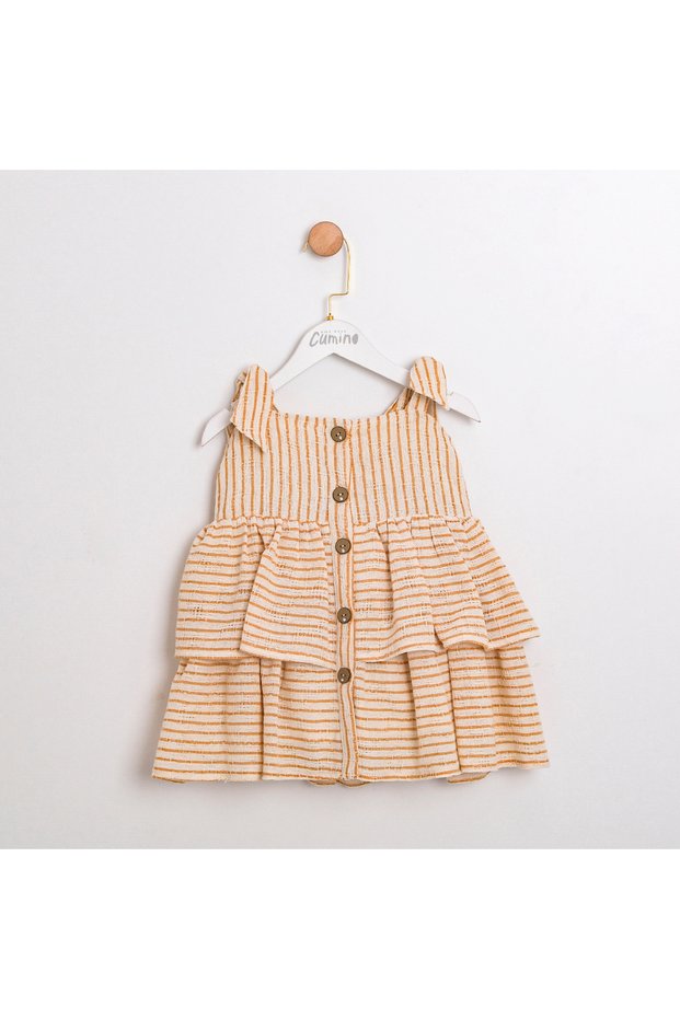 Striped Fabric Girls' Dress with Wooden Buttons