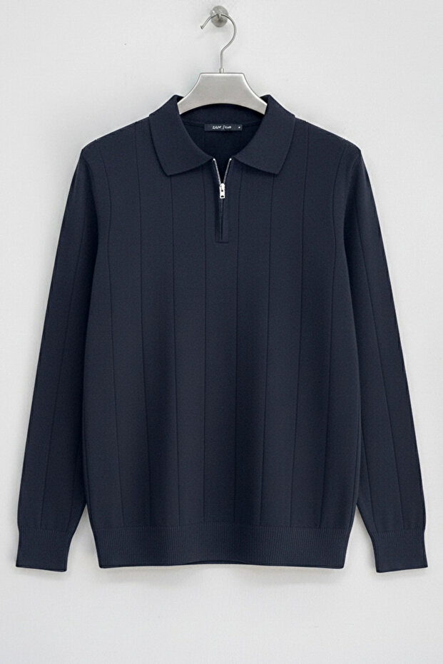 Men's Half Zipper Polo Collar Regular Fit Sweater Navy Blue Cd101