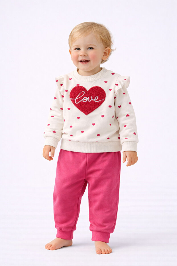 Baby girl seasonal tracksuit set with heart pattern, 2-thread, non-raising, 3-12 months