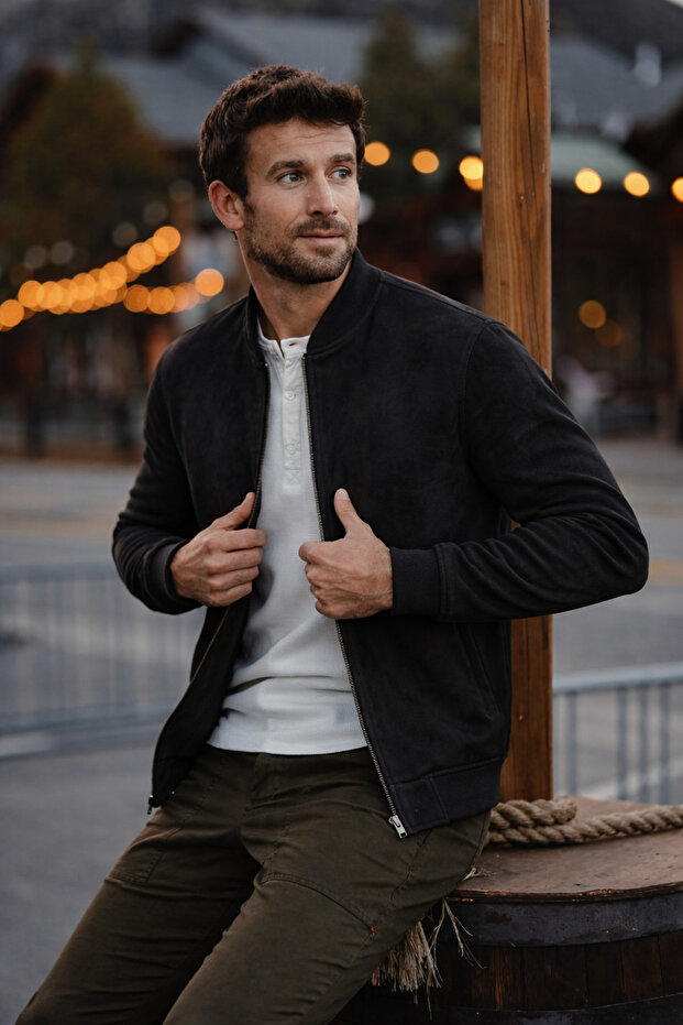 Men's Comfort Fit Basic Black Suede Nubuck Jacket