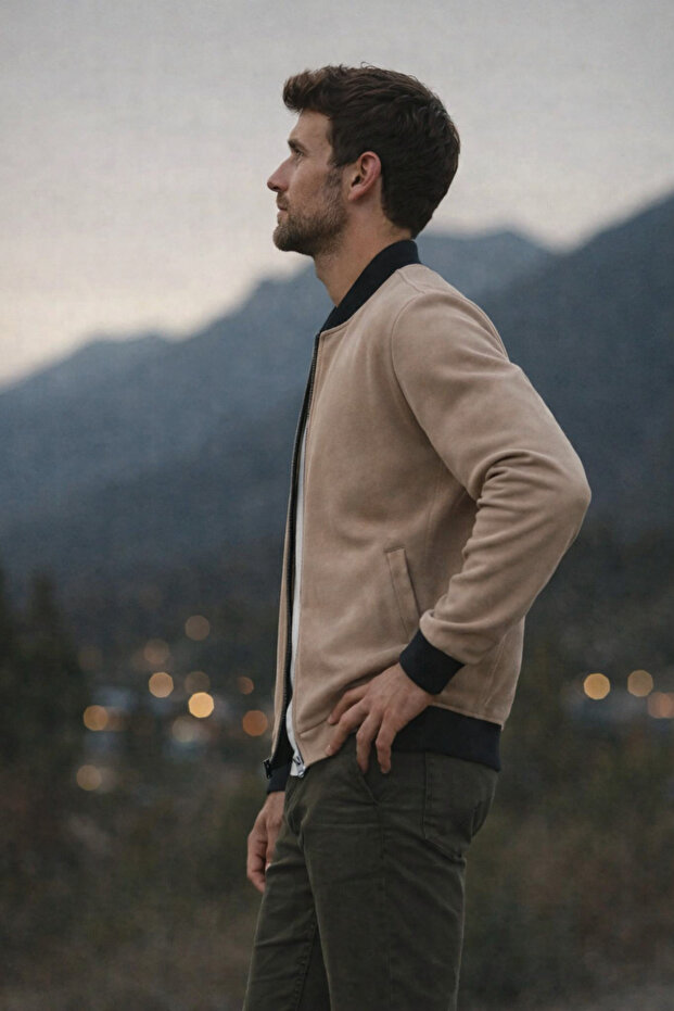 سترة رجالية من جلد النوبوك باللون البني الأساسي مريحة ومناسبة للرجال - 5