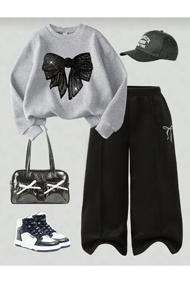 Winter 2-Thread Top Gray Sweatshirt Black Ribbon Print Bottom Black Wide-Leg Pants 2-Piece Set