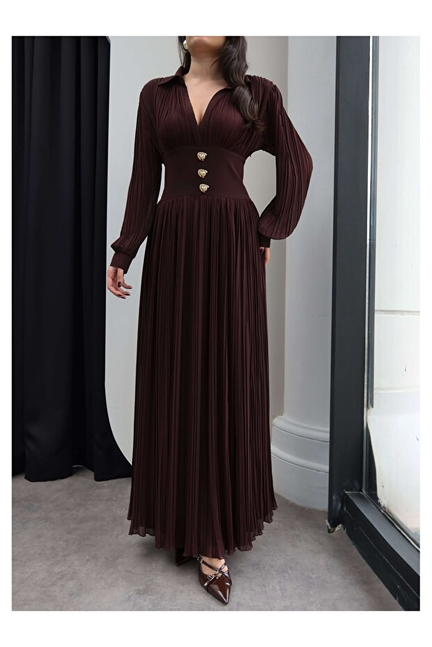 V Yaka Piliseli Maxi Elbise - 3