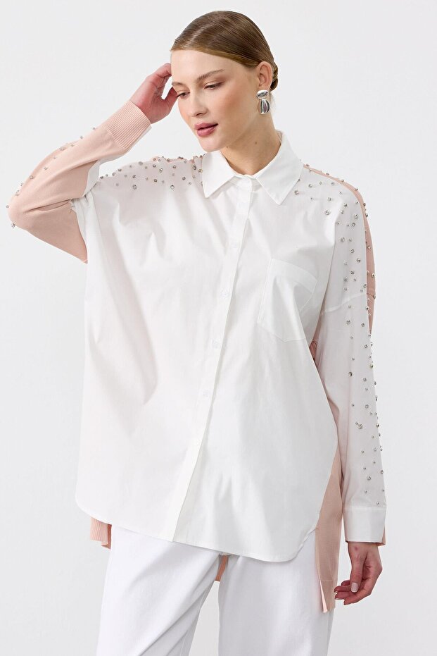 Knitwear Combination Stone-Embellished Shirt Pudra