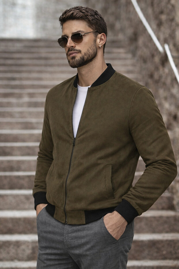 سترة رجالية أساسية ضيقة من قماش النوبوك الكاكي - 5