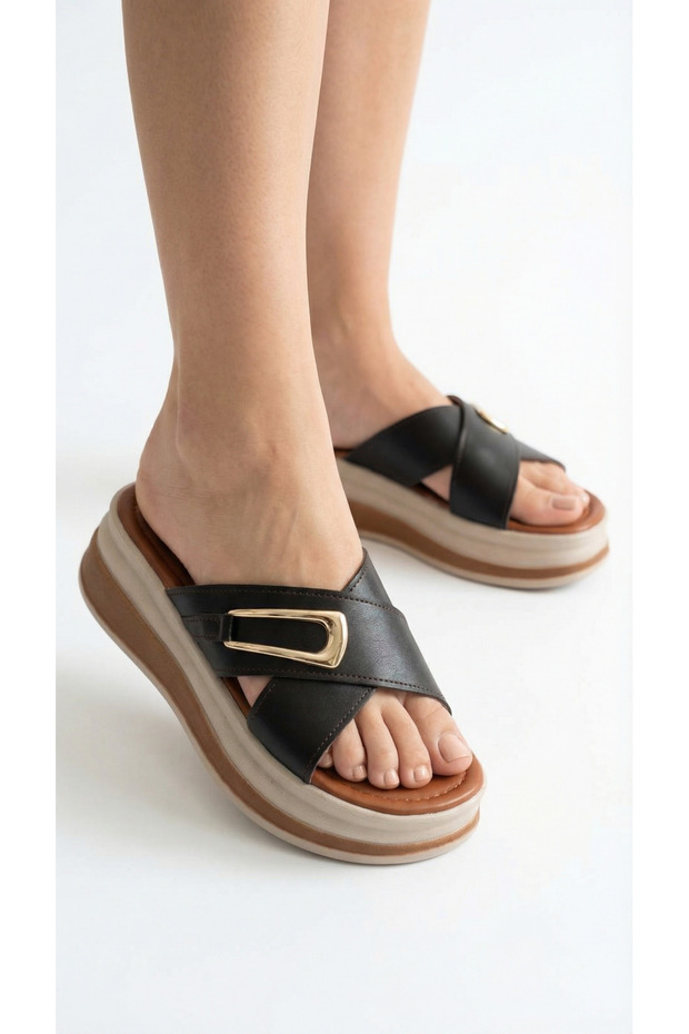Horizontal Long Gold Buckle Crossed Striped High Heel Comfortable Women's Slippers Sandals