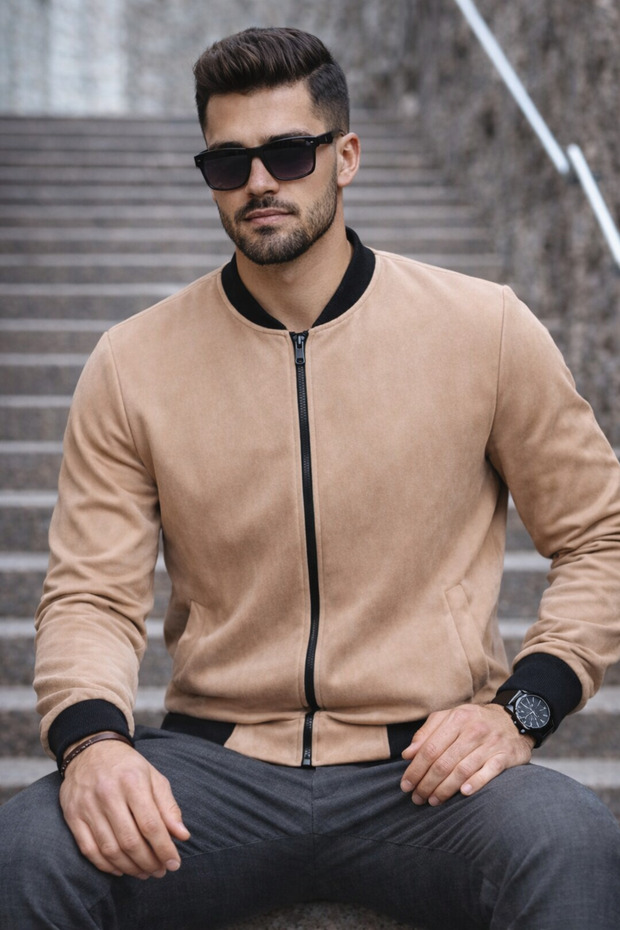 سترة رجالية أساسية ضيقة القصة من جلد النوبوك باللون البني - 4