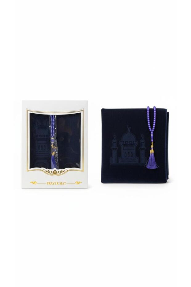 Velvet Prayer Mat Set with Tasbih Beads, Soft Padded Mat-Gift Box